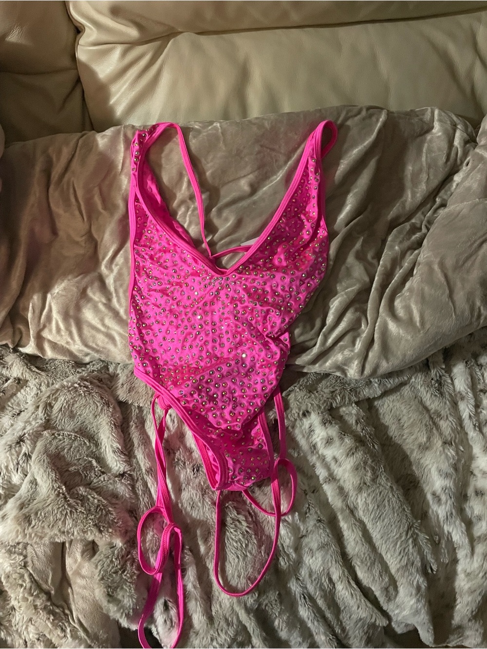 Express Hot Pink Rhinestone Bodysuit with Strappy Details
